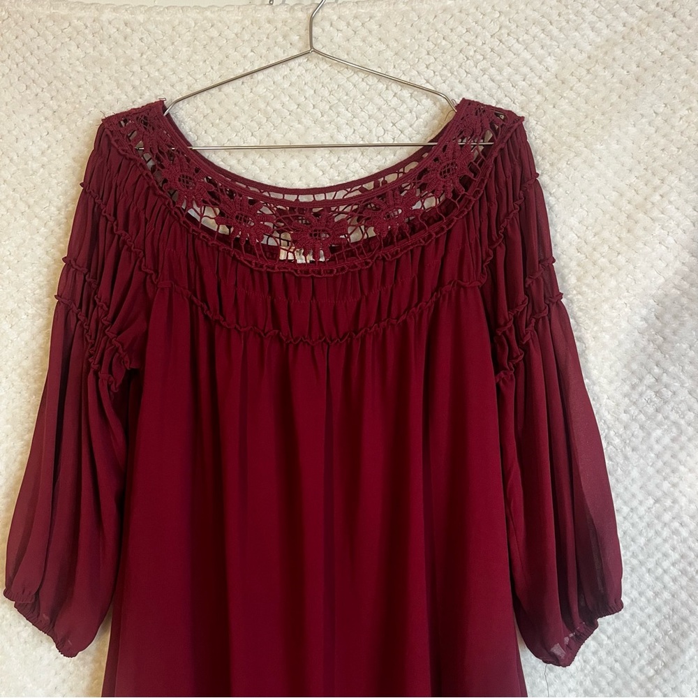 Halo Womens Dress Maroon Floral Crochet Dress Flowy Sz Medium - Picture 3 of 7